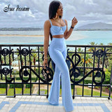 2021 Summer New Women's Fashion Sexy Bandage 2 Two-piece Set Sleeveless Tight Short Top &  High Waist Flared Trousers Pants Set