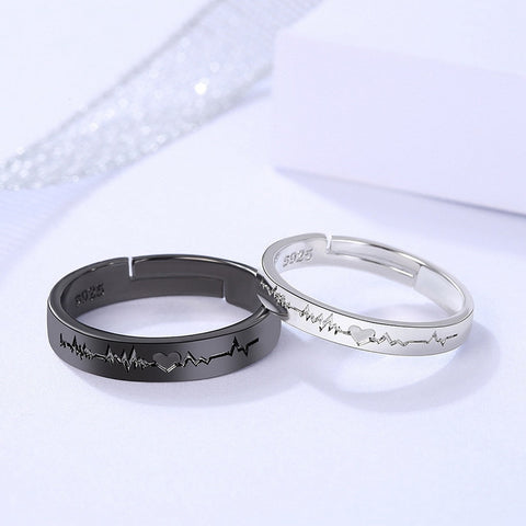 2Pcs Love Heart Electrocardiogram Couple Open Rings For Women Men Lover Black Silver Color Engagement Wedding Valentine'Day Gift image