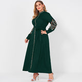 2022 New Summer Dress Woman Plus Size Dark Green Resort Stand Collar Floral Embroidery Long Sleeve Loose Sashes Elegant Robes