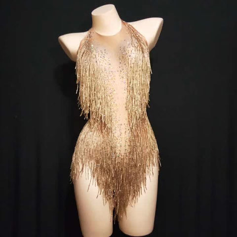 5 Colors Sparkly Gold Rhinestones Tassel Bodysuit One Piece Leotard Dance Wear Women's Celebrate Female Singer Crystals Costume image