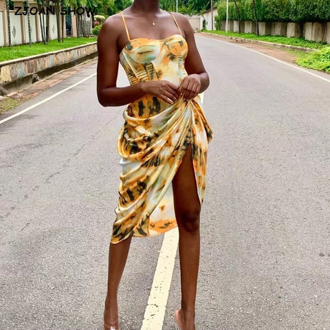 2020 Women Vintage Yellow Tie dye Flower print  Spaghetti Strap Dress Hem Slim Waist Slit Irregular Long Dresses Sling Vestido image