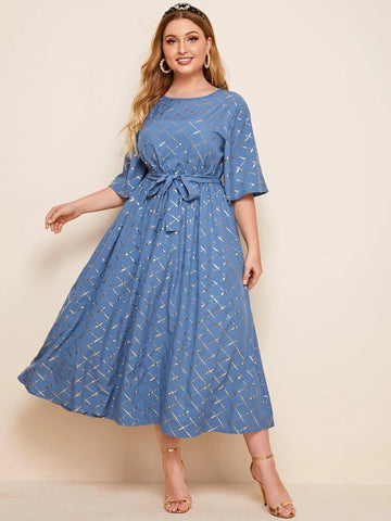 2021 Women's Summer Dress Plus Size 5XL Female Half Sleeve Plaid Print Sequined Party Dress Belted Loose Oversized Long Dresses image