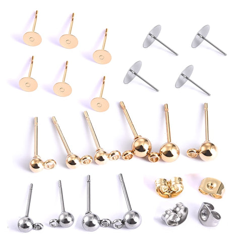 20pcs stainless steel Dia 4/5/6/8/10mm Gold Stud Earrings Back Plug Ear Pins Ball Needles for DIY Jewelry Making Findings image