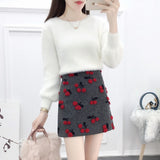 2021 Women Two Piece Set New Fashion Fall Winter Yellow Mohair Lanter Sleeve Pullover And Woolen Embroidery Mini Skirt Set