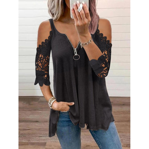 2021 Summer New Lace Petal Half Sleeve Zipper Ladies T-Shirt for women Oversize Off Shoulder V-Neck Loose Casual Top Tee Tunic image