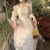 2021 Autumn Lace Sweet Elegant Dress Women Evening Party One Piece Dress Korean Kawaii Short Sleeve Dress Female Square Collar