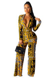 2020 popular vintage print lady jumpsuits full sleeve sexy deep v-neck rompers wide leg pants vintage fashion jumpsuits