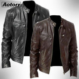 2021 Mens Fashion Leather Jacket Slim Fit Stand Collar PU Jacket Male Anti-wind Motorcycle Lapel Diagonal Zipper Jackets