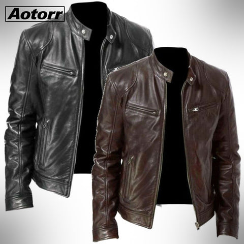 2021 Mens Fashion Leather Jacket Slim Fit Stand Collar PU Jacket Male Anti-wind Motorcycle Lapel Diagonal Zipper Jackets image