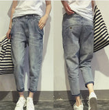 16023 Women's Jeans Spring Korean Style Loose Office Ladies Streetwear Solid Color Light Blue Elastic Bleach Scratch Denim Pants