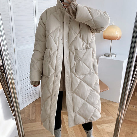 2021 Winter New Korean Style Long Cotton-padded Coat Women's Casual Stand-up Collar Argyle Pattern Oversized Parka Chic Jacket image