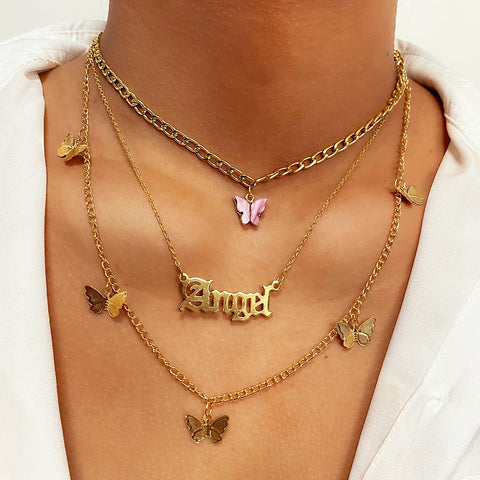 2021 Vintage Multilayer Acrylic Butterfly Choker Necklace Fashion Women Letter Golden Chain Layered Necklace Jewelry Party Gift image