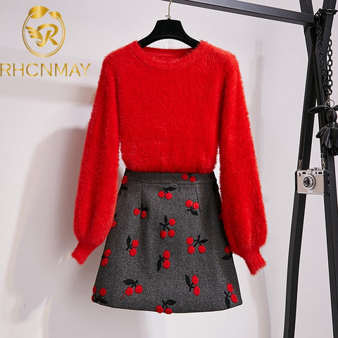 2021 Women Two Piece Set New Fashion Fall Winter Yellow Mohair Lanter Sleeve Pullover And Woolen Embroidery Mini Skirt Set image