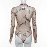 2020 Summer Sexy Letter Print Transparent Mesh Bodysuits Long Sleeve See Through Baby Bodycon Rompers Women Jumpsuits