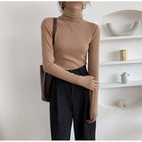 2021 Autumn Women Pullover Tops Female Knitted Sweaters Solid Concise Turtleneck Elasticity Elegant Office Lady Casual All Match