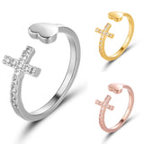 1PC Silver Color Alloy Rhinestone Cross Ring Geometric Heart Adjustable Opening Rings For Women Fashion Jewelry Gift