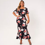 2022 New Summer Maxi Dress Women Plus Size Black Floral Print Short Sleeve Ruffle Hem Square Collar Slim Elegant Mermaid Robes