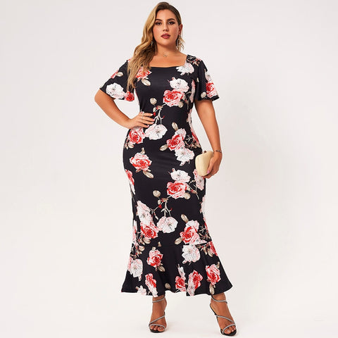 2022 New Summer Maxi Dress Women Plus Size Black Floral Print Short Sleeve Ruffle Hem Square Collar Slim Elegant Mermaid Robes image