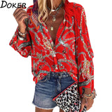 2020 New Design Plus Size Women Blouse V-neck Long Sleeve Chains Print Loose casual Shirts Womens Tops And Blouses