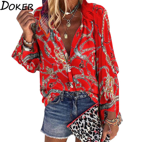 2020 New Design Plus Size Women Blouse V-neck Long Sleeve Chains Print Loose casual Shirts Womens Tops And Blouses image