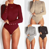 2020 New Bodysuit Women Ladies Slim Stretch Solid Button Long Sleeve Body Bodysuits Black Gray Rompers Womens Jumpsuit