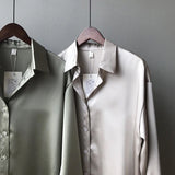 2021 New Spring Fashion Button Up Satin  Faux Silk Shirt Vintage Blouse Women White Lady Long Sleeves Female Loose Street Shirts