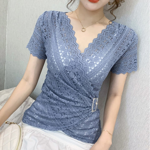 5XL Women lace tops New Arrivals 2020 Summer short sleeve v-neck women blouse shirt Sexy Hollow out lace tops plus size blusas image