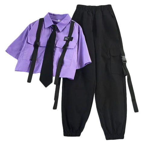 2022 Autumn Streetwear Pants High-Waist Straight Ribbon Cargo Pants Student Loose Short-Sleeved Shirt with Tie two-piece Set image