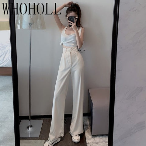 2021 New Women Casual Pants Loose Style Straight Suit Pants High Waist Chic Office Ladies Pants Trousers Streetwear Female Pants image