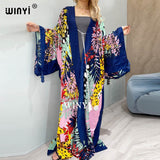 2021 WINYI traf Cotton Bikini Sweet Lady Pink Boho Print Self Belted Front Open Long Kimono Dress Beach Tunic Women Wrap Dresses