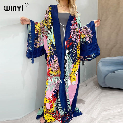 2021 WINYI traf Cotton Bikini Sweet Lady Pink Boho Print Self Belted Front Open Long Kimono Dress Beach Tunic Women Wrap Dresses image