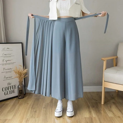 2021 Spring Summer New Style Korean Women Pleated Chiffon Trousers Plus Size High Waist Pants Hakama Casual Wide Leg Pantalones image