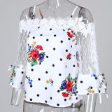 2020 Autumn Women Elegant Stylish Party Top Female Fashion Basic Casual Shirt Cold Shoulder Mesh Insert Dots Floral Print Blouse