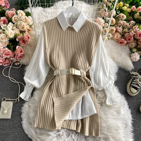 2021 spring autumn women's lantern sleeve shirt knitted vest two piece sets of College style waistband vest two sets top UK900 image