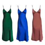 2021 Women Satin Deep V Neck Sexy Dress Solid Straight Pajamas Party Dress Elegant Female Summer Spaghetti Strap Dress Casual