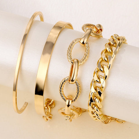 4Pcs Punk Heavy Metal Big Thick Chain Bracelet Set Women Retro Geometric Metal Twist Chain Bangles Bracelet Fashion Jewelry Alloy image