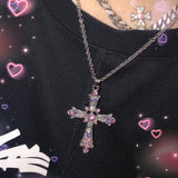 2021 New Gothic Style Cross Necklace Pendant Pink Color Zircon Cross Necklace Pendant for Woman Temperament Jewelry Wholesale