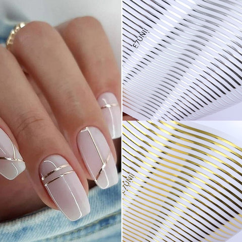 1PC Silver Gold Lines Stripe 3D Nail Sticker Geometric Waved Star Heart Self Adhesive Slider Papers Nail Art Transfer Stickers image