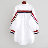 2021 White Loose Button Up Stripe Bandage Shirts Women Blouses Turn-Down Collar Woven Long Sleeve Plus Size Ladies Tops