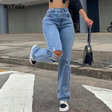 2021 Fashion Rippde Jeans Women High Waist Straight Denim Mom Pants Baggy Jeans Women Washed Blue Casual Female Cotton Pants New