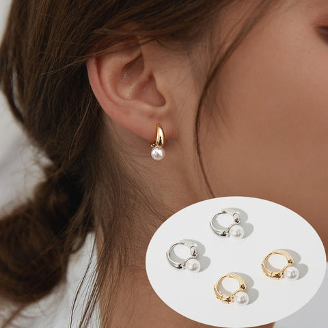 2022 New Cute Pearl Studs Small Hoop Earrings for Women Gold Color Eardrop Minimalist Tiny Huggies Hoops image