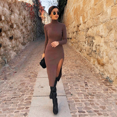 2021 Dress Women Long Sleeves High-Neck Elastic Midi Dress Fashion Elegant Chic Lady Knit Sweater Dresses Women robe femme image