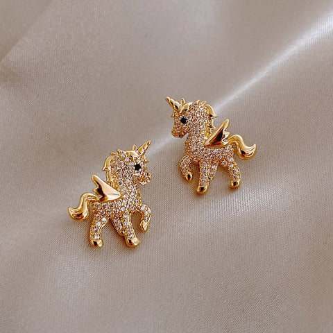 2021 New Cute Animal Stud Earrings for Women Temperament Horse Kitten Owl Pearl Rhinestone Earring Girls Birthday Party Jewelry image