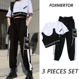 3 Pieces Set Summer Women Cargo Pants Suit Set Streetwear Outfit Harajuku Short Sleeve 2021 Trousers & Crop Tops Tee Shirt #TZ05