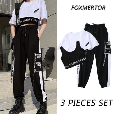 3 Pieces Set Summer Women Cargo Pants Suit Set Streetwear Outfit Harajuku Short Sleeve 2021 Trousers & Crop Tops Tee Shirt #TZ05 image