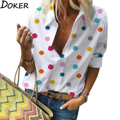 2020 New  Polka Dot  Blouse Women  Turn Down Collar Long Sleeve  Shirts  Plus Size  Clothes  Streetwear White Blouse  Women Xxl image