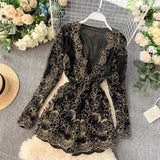 2019 Hollow Hook 3D Flower Lace V-neck Long-sleeved Waist-thin Wide-legged Playsuits Women Elegant Jumpsuits Overalls J841