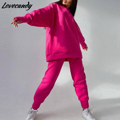 2021 Autumn Women Fleece Hooded Tracksuit Two Piece Set Female Casual Oversized Hoodies Jogger Pants Sets Lady Sportswear Suit image