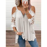 2021 Summer New Lace Petal Half Sleeve Zipper Ladies T-Shirt for women Oversize Off Shoulder V-Neck Loose Casual Top Tee Tunic