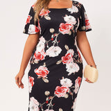 2022 New Summer Maxi Dress Women Plus Size Black Floral Print Short Sleeve Ruffle Hem Square Collar Slim Elegant Mermaid Robes